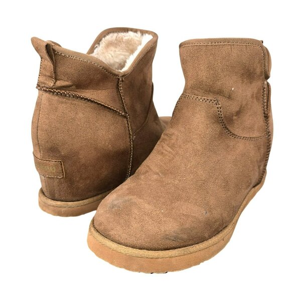 Makalu Womens Wedge Ankle Boots Tan Suede Faux Fur Lining Size 9M jh1779 - Picture 7 of 10